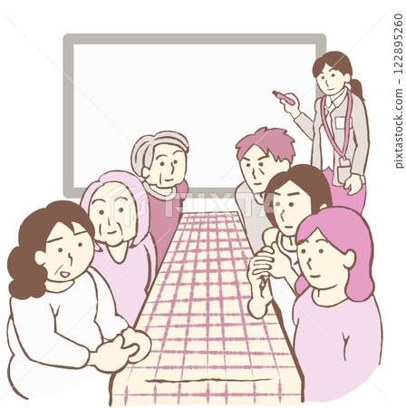 Illustrations of users attending psychiatric day care meetings and staff recording on the whiteboard 122895260