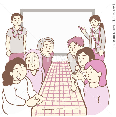 Illustrations of users attending psychiatric day care meetings and staff recording on the whiteboard Illustrations of users attending psychiatric day care meetings and staff recording on the whiteboard 122895261