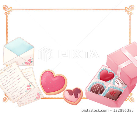 Gold ornamental frame and valentine candy 122895383
