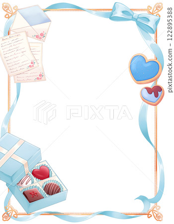 Light blue ribbon and candy frame Light blue ribbon and candy frame 122895388