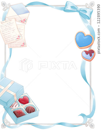 Light blue ribbon and candy frame Light blue ribbon and candy frame 122895390