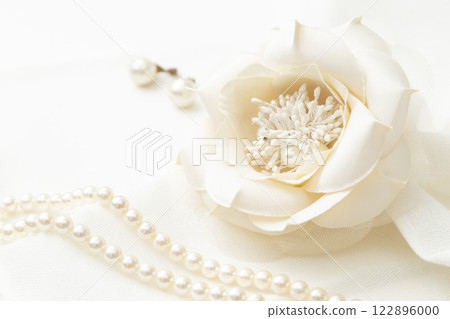 白色背景中的花胸花和珍珠配件 白色背景中的花胸花和珍珠配件 122896000