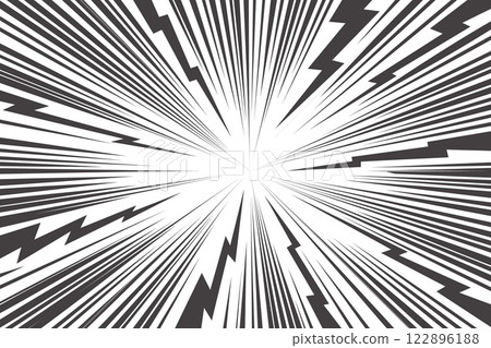 Comic cartoon background with lightning burst effect. Vector manga graphic with flash and abstract thunder. Energy explosion frame with electric light. Radial perspective monochrome beams 122896188