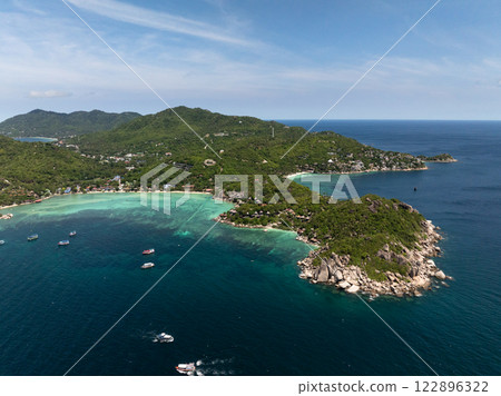 Multiple scenic bays surrounded by lush greenery and turquoise water with a peaceful coastal atmosphere. Koh Tao, Thailand. 122896322