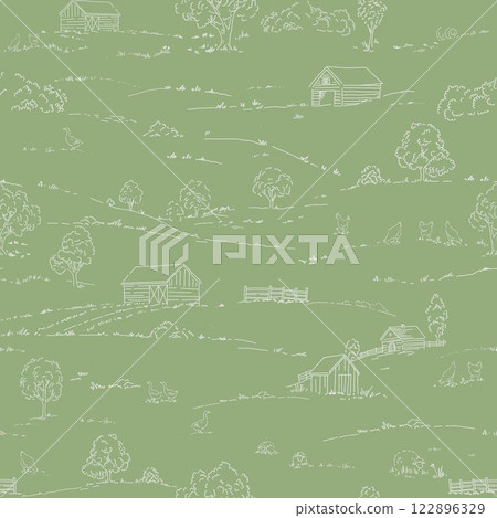 Vintage Landscape vector seamless pattern. Stock hand drawn Illustration. Toile de Jouy design featuring picturesque countryside views. 122896329