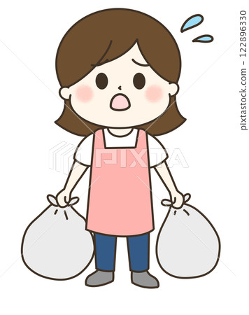 A cute and relaxed illustration of a woman in an apron going to throw out the trash in distress 122896330