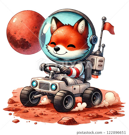 A cheerful fox astronaut exploring a red planet in a rover. watercolor clipart cartoon A cheerful fox astronaut exploring a red planet in a rover. watercolor clipart cartoon 122896651