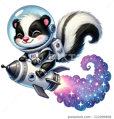 A cute skunk astronaut exploring outer space on a rocket. watercolor clipart cartoon 122896666
