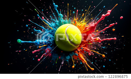 Colorful tennis ball surrounded by splashes of vibrant paint creates a dynamic visual impact Colorful tennis ball surrounded by splashes of vibrant paint creates a dynamic visual impact 122896875