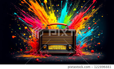 Colorful explosion of paint surrounds a vintage radio creating a vibrant visual effect in a creative space 122896881