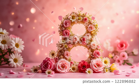 Floral arrangement featuring the number eight surrounded by pink roses and daisies in a romantic setting with soft lighting 122896882