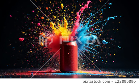 Colorful explosion of powder paint around a soda can in a dark setting capturing a vibrant art moment 122896890