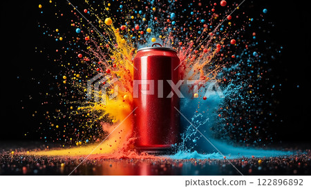 Vibrant explosion of colors around a red soda can creating a dynamic visual effect in a dark setting Vibrant explosion of colors around a red soda can creating a dynamic visual effect in a dark setting 122896892