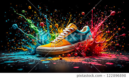 Colorful sneaker surrounded by splashes of vibrant paint in a creative studio setting 122896898