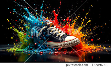 Colorful splashes of paint surround a sneaker in a dynamic artistic display Colorful splashes of paint surround a sneaker in a dynamic artistic display 122896900
