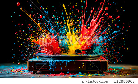 Colorful paint splashes from a turntable create a vibrant display during an artistic music event 122896903