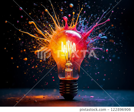 Bright light bulb surrounded by colorful paint splashes creating a dynamic artistic display 122896906