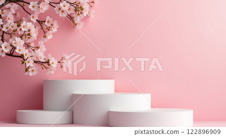 Blossoming cherry branches beside circular white display pedestals on a soft pink background Blossoming cherry branches beside circular white display pedestals on a soft pink background 122896909
