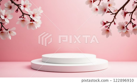 White display pedestals surrounded by delicate cherry blossom branches on a soft pink background White display pedestals surrounded by delicate cherry blossom branches on a soft pink background 122896910