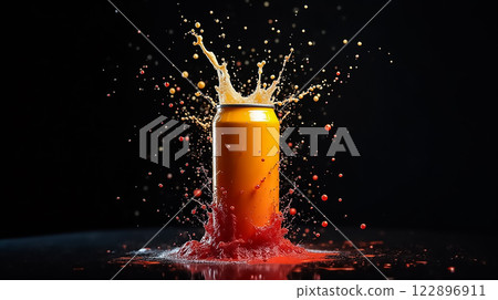 Bright orange can splashes with vibrant liquid against a dark background creating an energetic visual effect Bright orange can splashes with vibrant liquid against a dark background creating an energetic visual effect 122896911