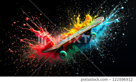 Colorful skateboard splashing paint in dynamic motion against a dark background 122896912