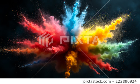 Colorful explosion of powdered pigments creating a vibrant display in a dark setting Colorful explosion of powdered pigments creating a vibrant display in a dark setting 122896924
