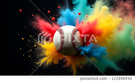 Vibrant explosion of color with a baseball at the center creating dynamic visual impact in a dark background Vibrant explosion of color with a baseball at the center creating dynamic visual impact in a dark background 122896930