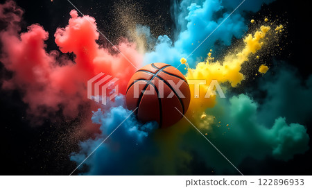 Colorful explosion of powder surrounds a basketball in an artistic representation of sports energy 122896933