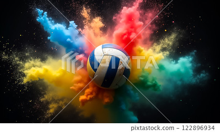 Vibrant explosion of color surrounds a volleyball in dynamic action Vibrant explosion of color surrounds a volleyball in dynamic action 122896934