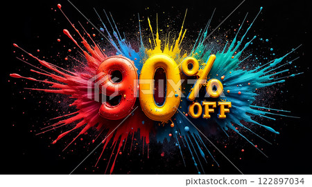 Vibrant discount promotion of 90 percent off with colorful splashes on a black background 122897034