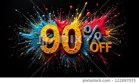Discount announcement showcasing vibrant splashes of paint highlighting 90 percent off promotion 122897035