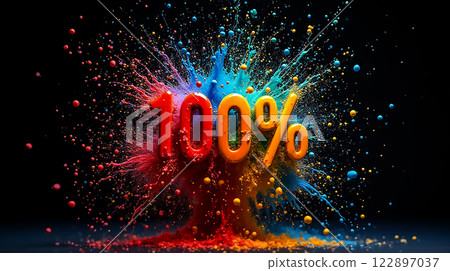 Colorful explosion of paint with the text '100%' during an art demonstration in a creative studio 122897037