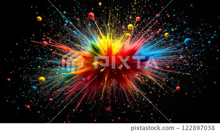 Colorful explosion of powdered paint creates a vibrant display against a dark background Colorful explosion of powdered paint creates a vibrant display against a dark background 122897038