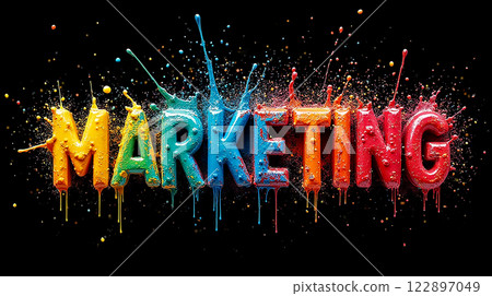 Colorful splashes of paint create the word marketing against a dark background in a vibrant artistic display Colorful splashes of paint create the word marketing against a dark background in a vibrant artistic display 122897049