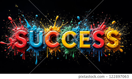 Bright colors burst around the word success celebrating achievement and motivation in a creative display Bright colors burst around the word success celebrating achievement and motivation in a creative display 122897063