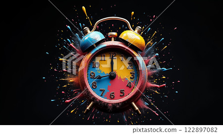 Colorful alarm clock explosion creating a vibrant display of paint and time markings 122897082
