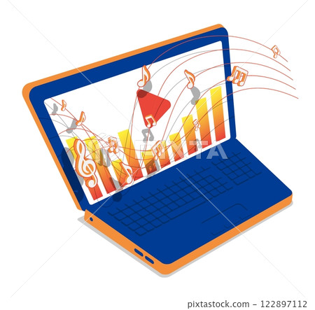 Isometric open laptop and musical notes floating along musical chord lines. Listening of melodies and compositions in music player program. 3D vector concept isolated on white background Isometric open laptop and musical notes floating along musical chord lines. Listening of melodies and compositions in music player program. 3D vector concept isolated on white background 122897112