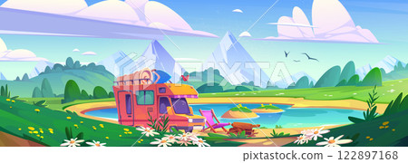 Camper van parked near mountain lake 122897168