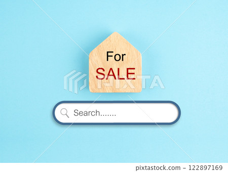 Wooden home model for sale with search bar Internet browser engine. Wooden home model for sale with search bar Internet browser engine. 122897169