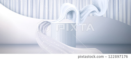 White cylindrical podium with curtain on wall. 122897176