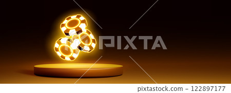 3D golden podium with floating neon casino chips 122897177