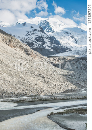 Mountain environment with moraine and river glacier 122897203