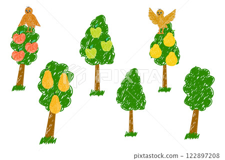 Hand-Drawn Fruit Trees with Birds and Floating Fruits Hand-Drawn Fruit Trees with Birds and Floating Fruits 122897208