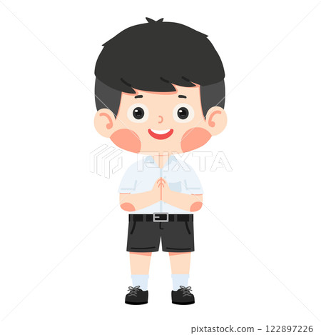 boy standing and raising his hand in a greeting boy standing and raising his hand in a greeting 122897226