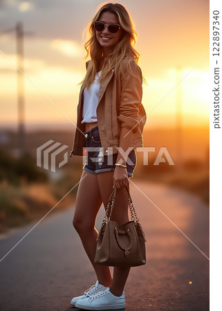 Stylish woman enjoys sunset stroll on a country road wearing casual attire and sunglasses Stylish woman enjoys sunset stroll on a country road wearing casual attire and sunglasses 122897340