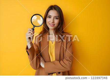 Woman holding magnifying glass against yellow backdrop while smiling and wearing stylish attire 122897348