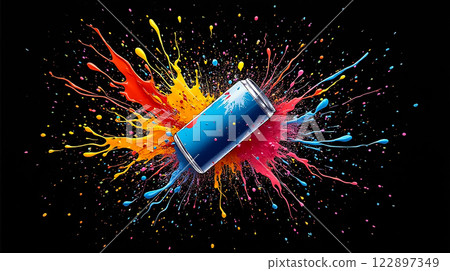 Vibrant splashes of paint surround a metallic can on a dark background, creating a dynamic visual display Vibrant splashes of paint surround a metallic can on a dark background, creating a dynamic visual display 122897349