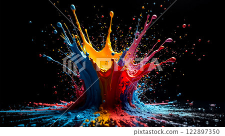 Vibrant splashes of paint create an artistic explosion in a dark setting with bright colors Vibrant splashes of paint create an artistic explosion in a dark setting with bright colors 122897350