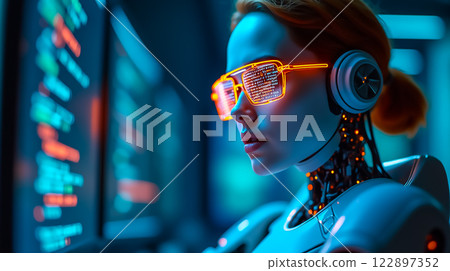 Futuristic robot working with digital data in a high-tech environment during nighttime 122897352