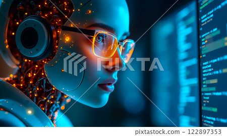 Cyborg woman with glowing features engaging with computer code in a high-tech environment at night 122897353